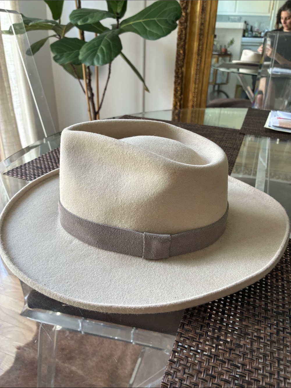 Gladys Tamez Millinery Olguita Gall Wide Brim Felt Fedora Hat in Light Beige